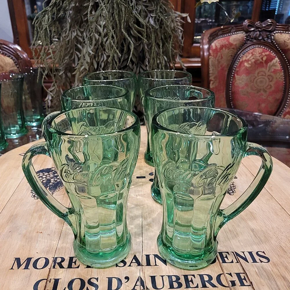 Set of 6 Vintage Libbey Green Glass Coca-Cola Coke Mug with Handle 14oz